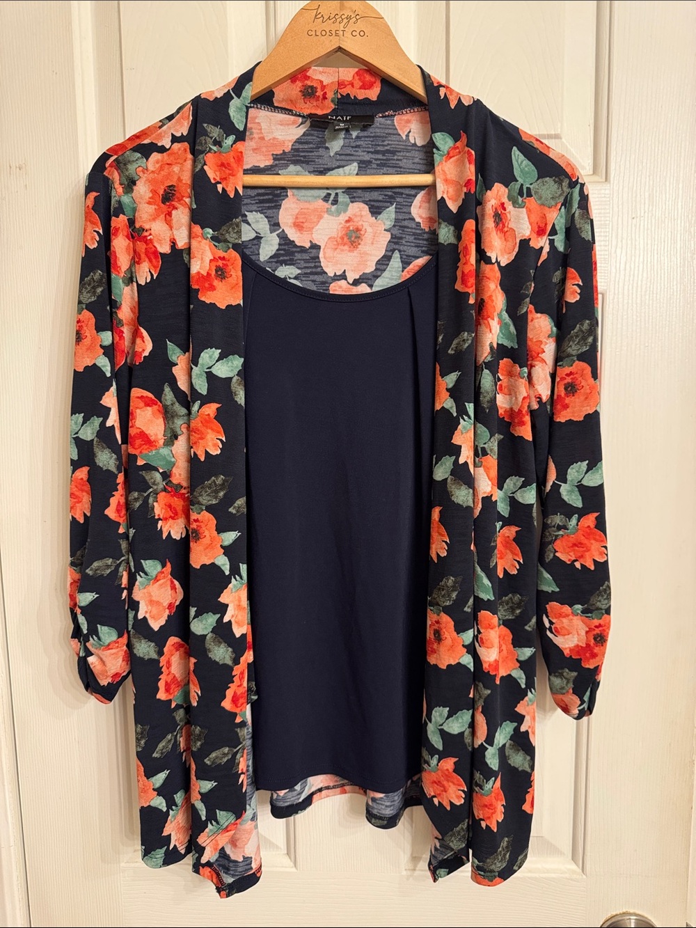NAIF Navy Cardigan top with Coral Floral Print